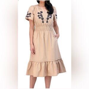 NWT French Connection Tan Midi Dress with Black Embroidery